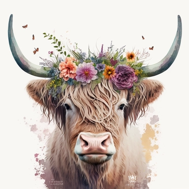 An enchanting UHD clipart depiction of a Highland Cow donning a splendid flower crown, set against a clean white background that accentuates the intricate patterns on the crown and the textures of the cow's shaggy coat, Clipart, digital design, carefully created with attention to detail, allowing for a 4K ultra-high definition image that is both vibrant and captivating,