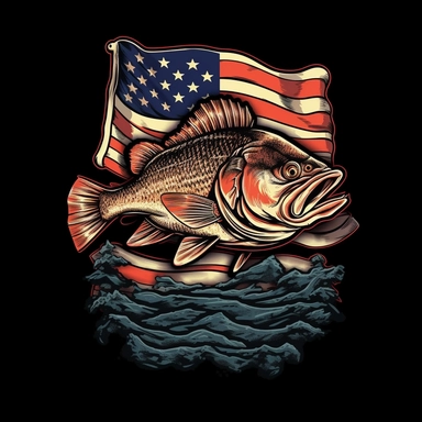 america flag, bassfish, lake , bold line art, vintage tone, Clip Art , T-shirt design, black background