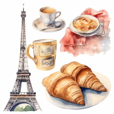 Paris travel watercolor clipart, including eiffel tower, a croissant, baguette