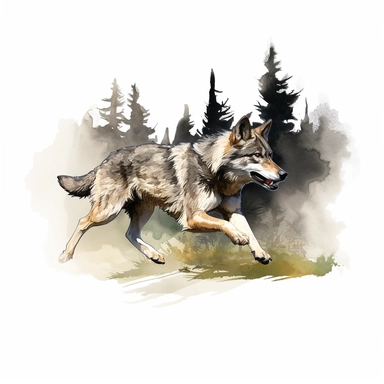 a watercolor of a realistic dire wolf running in a pine forrest, detailed Style, vector free clipart illustration, in the style of unreal engine 5, 32k uhd, detailed features, white background