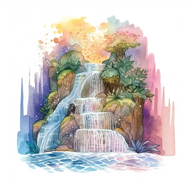 curved holographic waterfall with multiple paths. Watercolor Clipart. watercolor clipart. normal lighting to make the scene come to life. The colors should be life-like and artsy, giving the waterfall an ethereal quality. The composition should showcase the best view of the scene. Please ensure that the watercolor art style does not cause confusion with the actual water in the scene, as the water is holographic.