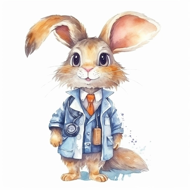 Cute rabbit BABY, BEAUTIFUL big SHINING EYES ,HAPPY, dressed as a Doctor , Watercolor Little Animals Clipart, COLORFUL