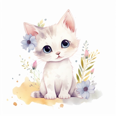 cute kitten and flowers, watercolor, watercolor illustration, watercolor clipart, kawaii, cute, full Illustration, 4k, watercolor, soft lighting, watercolor style, perfect composition, perfect illustration, children's style fairy tales, Conrad Roset, Aikut Aidogdu, Agnes Cecil, Line art, Coloring pages, Award winning, Perfect face, Flat lighting, Vector, White and black color, wide shot, Sharp edges,