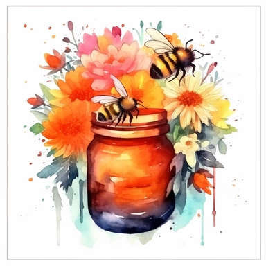 CLIPART OF AN AQUAREL PAINTING of a honey jar and bees surrounded by colored flowers, white background, hyperrealistic, studio light, 8K highly detailed, neon pastel color palette, retrofuturpunk, scattering, black and white balance, editorial photography