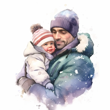 watercolour clipart, father day, father hug with his cute baby, in snow, smile, beautiful, happy, ,realistic, whit background, illustrated