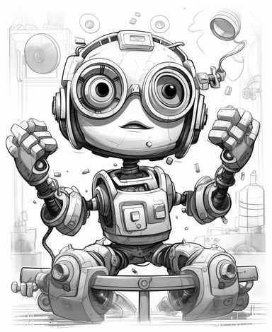 cute Robot engineer fixing the space station engine for a childrens book, cartoon style, thick lines, black and white, no shading, line drawing illustration, no duplicate faces, blurry, drawing, cartoon, illustration, painting, concept art, cgi, unreal, anime, black&white, b&w, picture frame, deformed, bad anatomy, disfigured, poorly drawn face, mutation, mutated, extra limb, poorly drawn hands, done by bad-artist, ugly, dazed, 3D render, 3D game, 3D game scene, 3D character, mosaic, painting, d