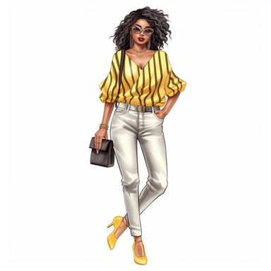 realistic illustration of Fashion-forward African American woman: Illustrate a clipart of a stylish African American woman wearing fashionable clothing and accessories. Showcase her confidence and individuality through her outfit and pose. clipart, isolated on white background, 4K