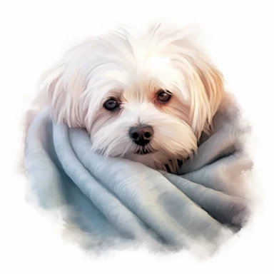 A heartwarming image of a Maltese dog snuggled up in a cozy blanket, with a gentle expression and twinkling eyes, evoking a sense of warmth and companionship, with a white background and watercolor clipart.