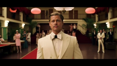 Brad Pitt as Aldo Raine from the movie Inglourious Basters in the style of the director Wes Anderson, full body shot, he is in the center of the photograph looking directly at the camera. He has a pencil moustache. He is wearing a white tuxedo jacket, black bow tie, red rose lapel clip, black pants. The background is the lobby of an art-decó movie theatre designed in the style of Wes Anderson in a Wes Anderson color palette, symmetrical, whimsical, ornate, planimetric composition,