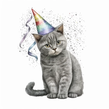 funny gray cat in birthday hat watercolor clipart on white background full body image