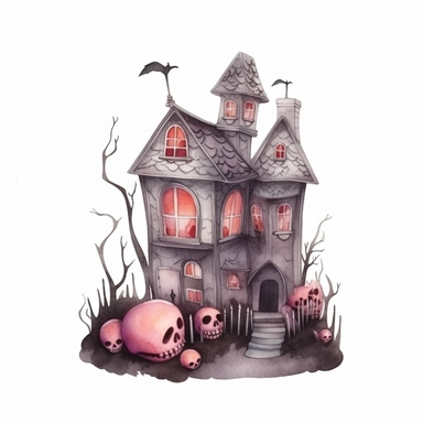 Halloween scary house, dark pink and gray color, watercolor, clipart, illustration, white background