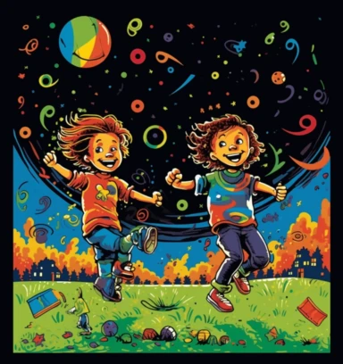 kids playing on the lawn clipart, in the style of pop art influenced portraits, dark colors, black background, free-associative, language-based, ps1 graphics, happy expressionism