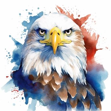 watercolor clipart illustration of a bald eagle in front of an American flag, red white and blue, hand painted details, clean and simple designs, solid background color, spaced out