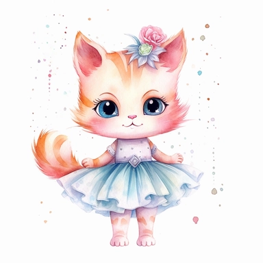 children book illustration. cartoon cute baby cat in tutus. Watercolor clipart. Pixar animation