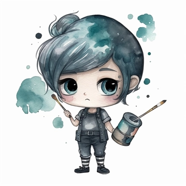 watercolor funny create kawaii marbled black ,silver, teal chibi with school supplies clipart, isolated on white background,space out--ar3:2--s1000