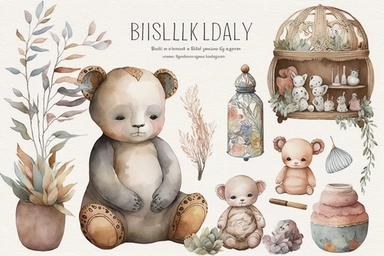 boho, nursery items, baby toys, watercolor clipart, zen meditation Buddhist style, intricately detailed, very clean and detained images