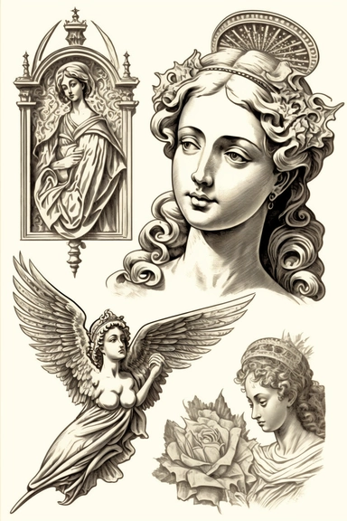 clip art, design sheet of 4 religious catholic symbols designs, vector thin black crisp outlines on white background