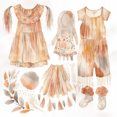 *Design a watercolor clipart featuring bohemian-style baby cloth such as flowy dress, romper, and fringed vest. Use earthy tones and delicate lines to capture the free-spirited vibe, white background