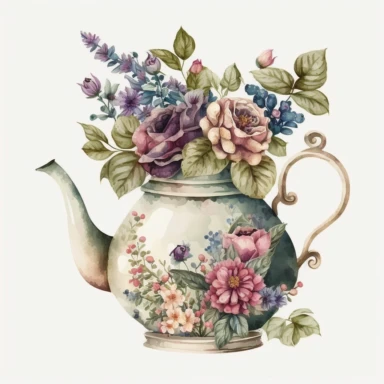 Vintage old school floral tea pot, watercolour clipart