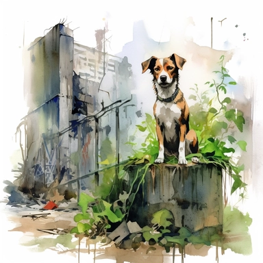 watercolor clipart dog in a abandoned places overgrown city