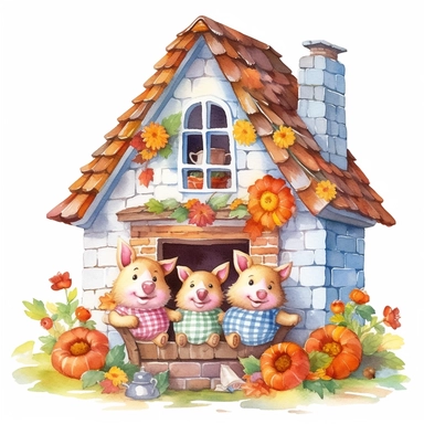 a delightful watercolor clipart image with a white background and white margins, portraying the Three Little Pigs inside their brick house, celebrating their victory over the wolf. The ultra-detailed, hand-drawn elements capture the joyful expressions of the pigs and the cozy interior of their secure house. Use warm shades of various colors to create a visually appealing and heartwarming image that conveys the themes of perseverance and teamwork in the fairytale.