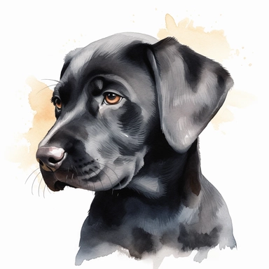 black labrador retriever puppy looking to the side, watercolor illustration, clipart, head, hyper-realistic animal illustration, childlike, free brushwork, white background