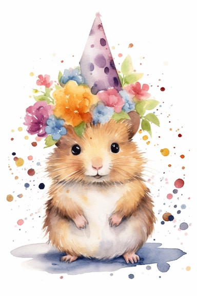 Create a watercolor clipart picture of a hamster wearing a birthday hat, white background. The hamster should have a cute and happy expression, with its fur depicted in soft watercolor textures. Surround the hamster with small flowers and greenery, adding a whimsical touch to the scene.