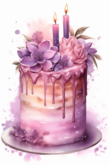 amazing detailed watercolor clipart of a beautiful detailed lilac and soft pink colored birthday cake, no caption, solid white background, cinematic light lighting, hyper-detailed, 8k, high resolution, symmetrical, full shot photograph, insanely detailed and intricate, beautiful, elegant, glamour, watercolor, cinematic