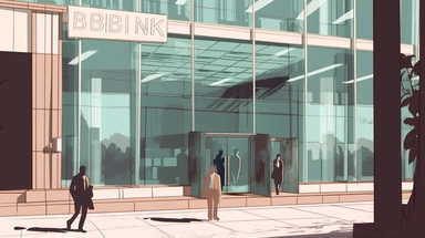 A sleek, modern bank building with reflective glass windows and a large sign displaying the bank's name. People are entering and exiting the building, some carrying briefcases or shopping bags. - Vintage Cliparts