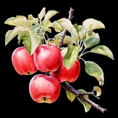 Watercolor apple hanging from a tree clipart, white background, realistic with high details, beautifully colored with strong palette pastel colors, 32k hd