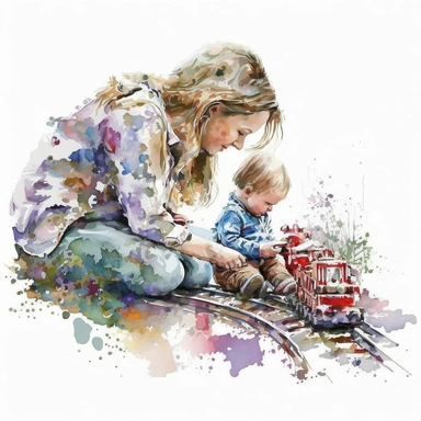 Amazing Mom and Baby playing train Toy, side view in watercolor style clipart, use darker tones, higher saturation colors, watercolor clip art with splashes and drips, super creative watercolor, white background