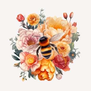 An exquisite honey bee clipart surrounded by a vibrant bouquet of flowers, with no background to distract from the natural beauty. The bee delicately perched on a blooming flower, its fuzzy body contrasting against the petals, while its translucent wings add a touch of ethereal grace. This clipart provides a perfect blend of nature's wonders