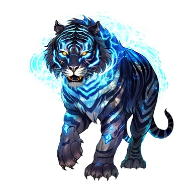 a glowing tribal tiger with blue lights on his eyes, tribal animals, in the style of manhwa character design, master of shadows, burned/charred, himalayan art, dark black and light azure, clipart, on white blackground