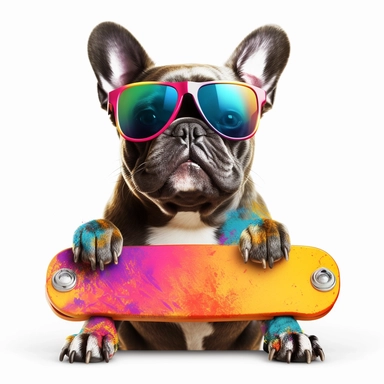 french bulldog, transparent backround,clipart,4k hd, skateboard,headphone,sunglasses, really colorful