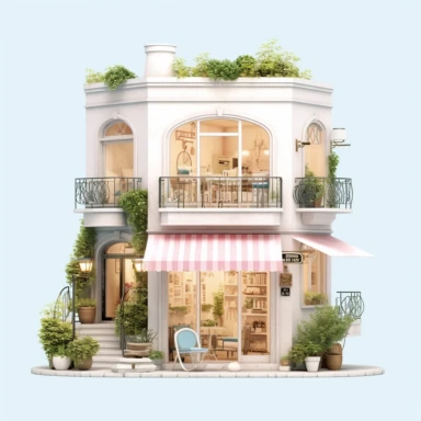 Lovely pink French cafe with a vintage - inspired charm. The exterior is adorned with pink floral accents and classic French signage. Inside, the cafe offers a cozy and nostalgic ambiance. Clipart, solid white background, Ultra - detailed, hyper - realistic, intricate detail