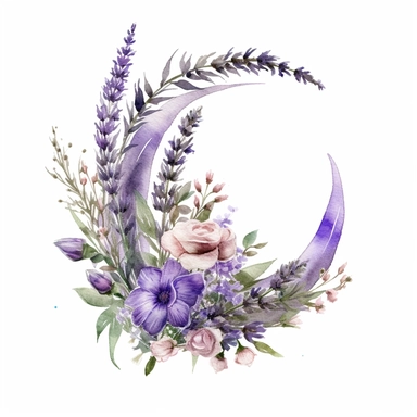 with white background, art Watercolor, Watercolor Crescent bouquet lavender and rosemary floral clipart, hd, high detailed, forest green and lavender purple hue, delicate petals, pastel, muted, soft, subtle, romantic, dreamy, ultra details, high resulution, dynamic lighting, rendering, photo realistic, lightroom gallery, cinematic lighting