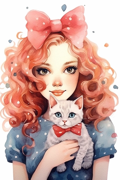 cute cartoon young woman with cat and gorgeous red blue and cream curly long hair bedecked with a cute dots bow and pink glitter details, with miniature roses on her head, portrait, daydream expression in watercolor form, sarah kay and holly hobbies, clip art, watercolor, smiling, soft pastel colors, black background,