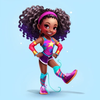 clipart, digital doll, popular, gorgeous black girl superhero, long wavy ponytail, girl character that loves having fun, cheerleading, dance, art, gym shoes, cool kid, vibrant colors, popular art style, cultural value, 8k, intricately drawn and rendered, — v5