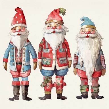 spaced apart, seperate, 4 x single, Highly detailed, christmas santa themed Doll, individually spaced, seperate, apart, watercolour clipart, vibrant colours, vibrant design, with white background, individually spaced, seperate, apart, Cut out doll used in Cardmaking, Mixed Media Crafts, as a character sheet, on a white background in the style of Marker drawing by Jasmine Becket - Griffith