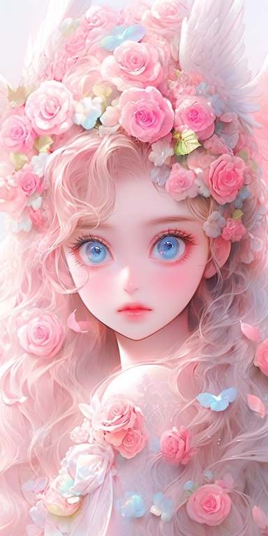 pastelcolor beautiful wild roses fantasy art, Angel girl with beautiful realistic face and big eyes, with rainbow feathers, angel wing, chibi kawaii animated style, vivid vibrant colors, intricate detail, hyper detailed, hyper quality, 32K, unreal engine, isolated on white background, kawaii, clipart
