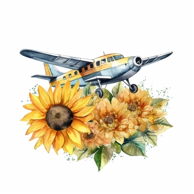 clip art ,airplane sunflowers watercolor , no background