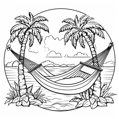 hammock between palm trees, coloring page, crisp black lines drawing, simple lines, cartoon style, clipart style, white background, simple