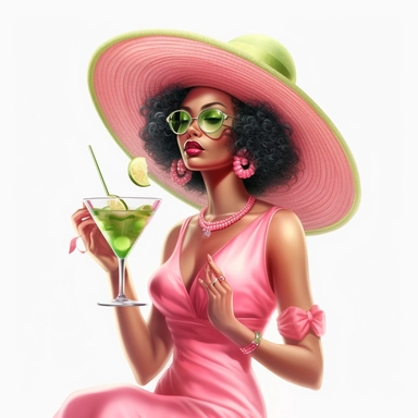 Pretty black woman, Sun Straw Hat Wide Brim Summer Beach Hat, pretty, holding a cocktail drink, pink and green outfit, 4k, hd, clipart, sticker, fantasy style