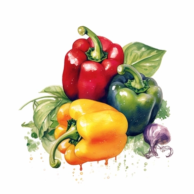 An enchanting watercolor, hyper - realistic clipart image with a white background and white margins, featuring stuffed bell peppers with quinoa, vegetables, and lean ground turkey. The ultra - detailed, hand - drawn elements capture the textures and colors of the peppers and stuffing. Use a whimsical touch to add a playful charm, and bold shades of various colors to create an appealing and visually captivating image