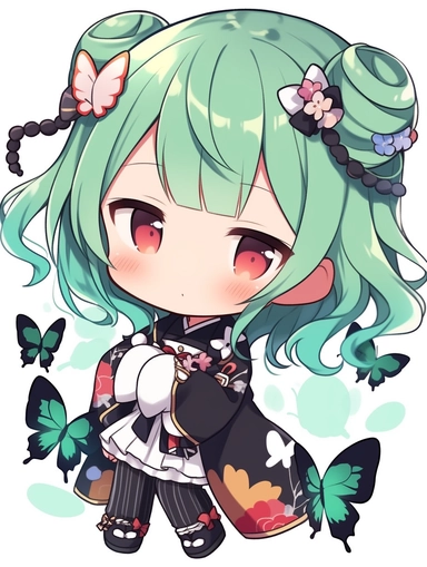 cute anime chibi girl, summer style, green hair, upbeat attitude, clipart, no background no lighting