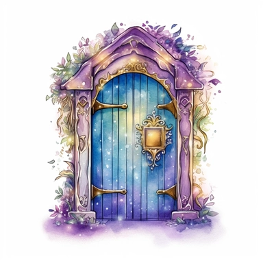 cartoon fairy door, glowing lights and sparkles, colors of green purple gold and blue, glamorous realistic and detailed, watercolor, white background with margins, clipart style