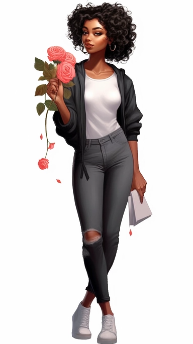 ultra detailed Black Girl Self Love Clipart, solid white background, cozy outfit, beautiful, super cute , super hot, full body shot, self love, floral, relaxed pose, with win glass, thick , contour, PHOTOREALISM, by ANIMATION