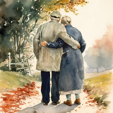 clipart, watercolor, rear view of a man hugging his girl friend, Artist by Grandma Moses