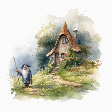 watercolour wizard animated clipart character, holding a walking staff, looking out over a field by a small stone cottage in a forrest clearing, set against a solid white background, ultra high definition, size 2048x2048