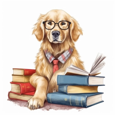 isolated illustration on a white background, a hyper realistic blonde golden retriever sitting next to a book stack in realistic beige colors, 32k, Clipart, watercolor realistic and highly detailed, natural realistic soft colors